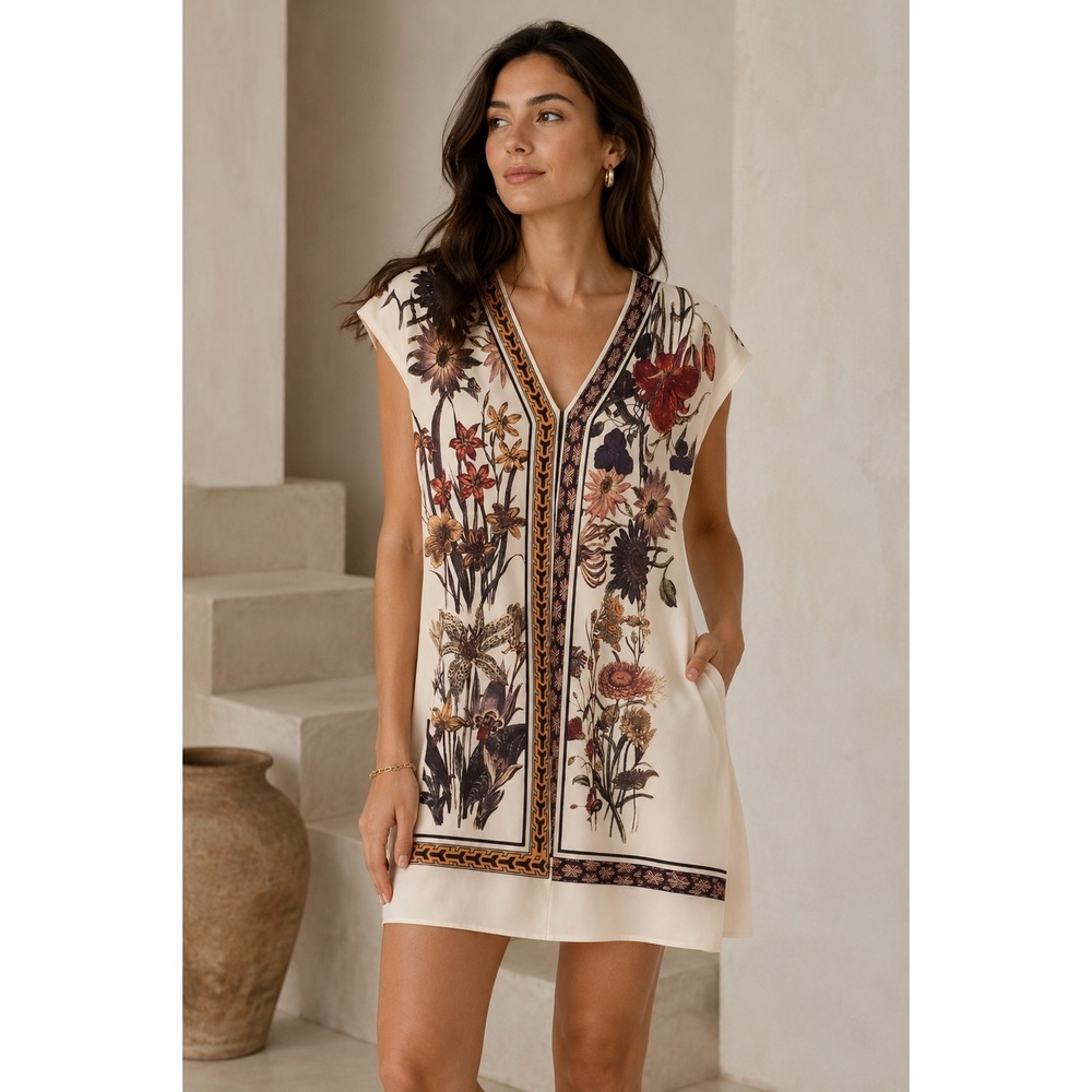 Beulah Style‎ Women Cream Floral Graphic Cotton V-Neck Tunic Top CD3646 Boho L